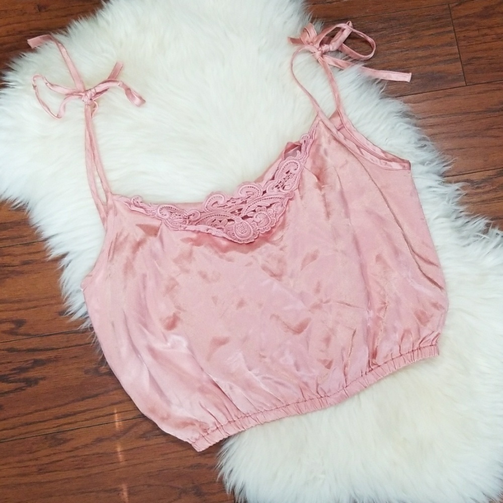 Y2K Satin Pink Lace front Crop Tank